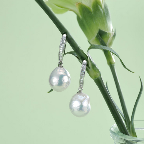 Earrings, 10-12mm Waterdrop Baroque Pearl Hook earrings with silver-tone baguette-stone hoops (pair)