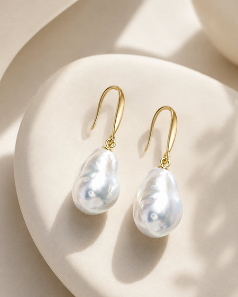 Earrings 10-12mm baroque pearl drops on gold-tone hooks with white iridescent pearls