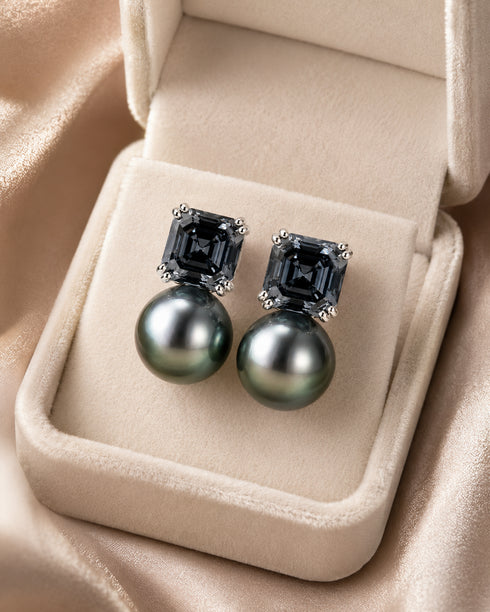 Earrings: pair of 10–11mm Baroque Tahitian black pearl drops with dark grey CZs in silver settings