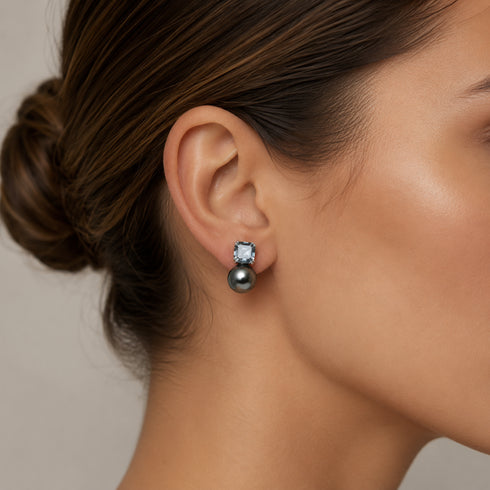 Earrings: 10–11mm Baroque Tahitian black pearl with dark grey CZs on silver