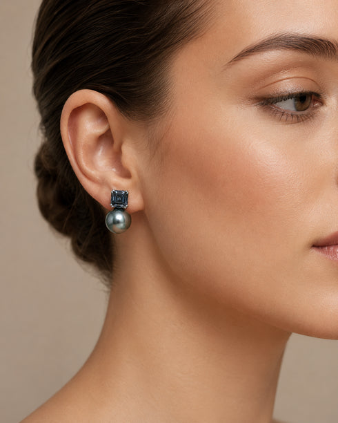 Earrings: 10–11mm baroque Tahitian black pearl with dark grey CZs on silver, House Of Pearls - TA