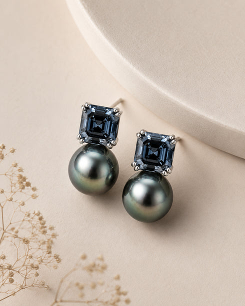 Earrings pair: 10–11mm Baroque Tahitian black pearls with dark grey CZs on silver settings