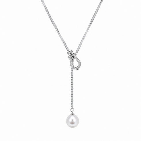 Necklace by House Of Pearls, 10–11mm freshwater pearl tennis chain with diamond pendant and drop pearl.