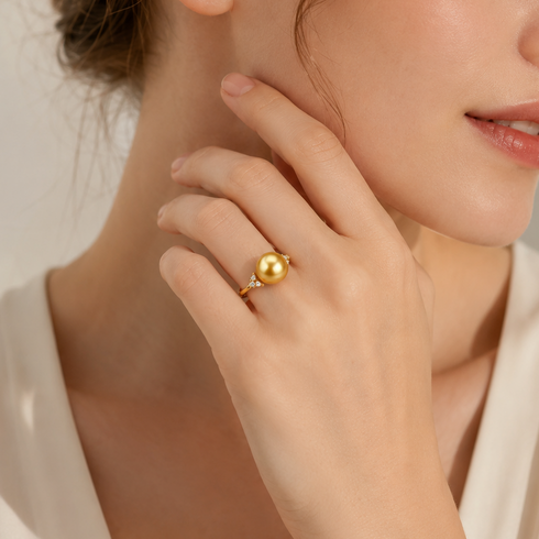 10–11mm Golden South Sea Pearl Three-Leaf Open Ring, gold-tone band with pearl, House Of Pearls - XM