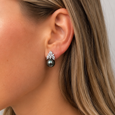 Earrings: 10–11mm Tahitian pearl floral leaf stud with pavé diamond accents