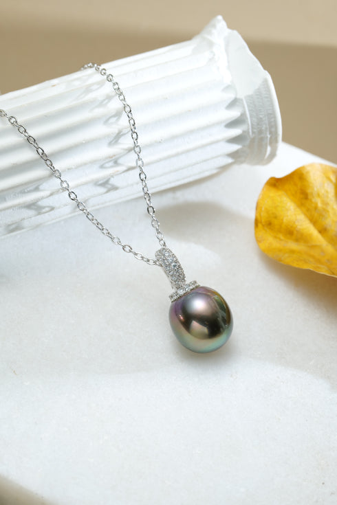 Pendants: House of Pearls 11–12mm Tahitian Pearl Heart Pendant with pavé diamond bail on silver chain