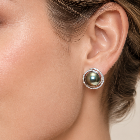 10–11mm Tahitian pearl double halo stud earrings with diamond halos in silver setting.