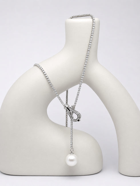 Necklace: House Of Pearls 10–11mm freshwater pearl tennis chain with diamond-studded links and pearl drop pendant