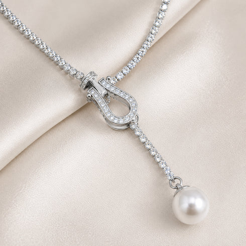 Necklace: 10–11mm freshwater pearl tennis chain by House Of Pearls with crystal-accent pearl drop