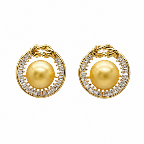 House Of Pearls 10mm golden South Sea pearl halo stud earrings in gold vermeil, pair with crystal halo.