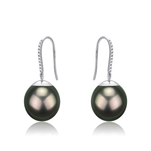 House Of Pearls earrings: 11-12 mm Tahitian drop pearls on 18K white gold diamond-accented hoops (pair)