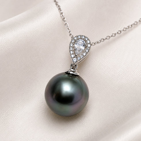 Necklace: 11-12mm Tahitian pearl drop with diamond-halo heart bail by House of Pearls