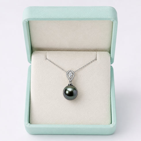 11-12mm Tahitian pearl heart pendant necklace on a silver chain with a diamond-accented bail