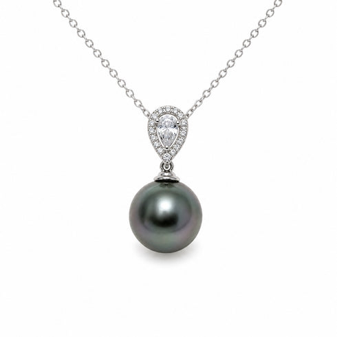 11–12mm Tahitian pearl heart pendant necklace by House of Pearls with diamond halo on silver chain