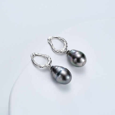 Baroque Tahitian Pearl Waterdrop Earrings, 11–12mm iridescent pearls on textured silver teardrop frames (set of 2)