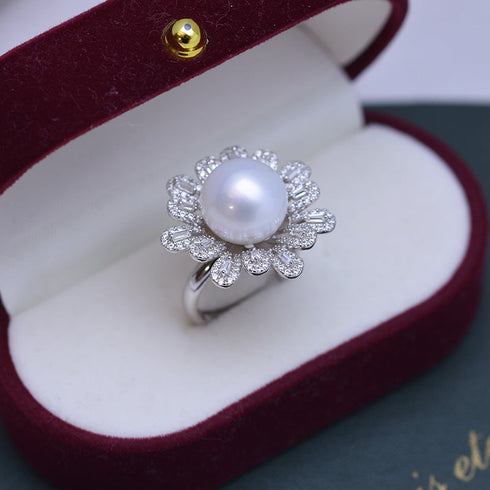 Ring 11-12mm Freshwater Pearl Floral Ring with pave cubic zirconia petals on silver band