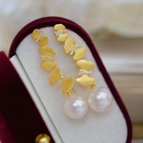 11-12mm Freshwater Pearl & Dancing Butterfly Earrings - Earrings made with hand-selected pearls from House of Pearls