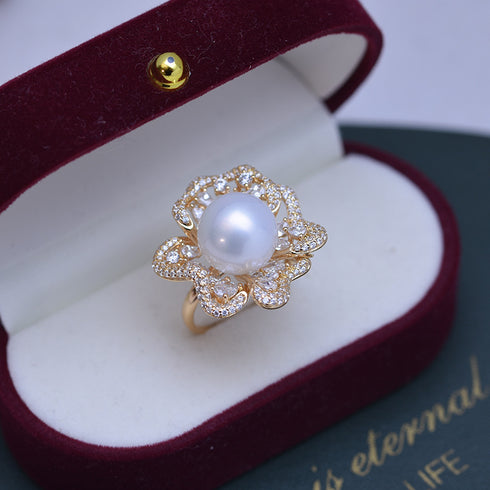 11-12mm Freshwater Pearl Floral&Cubic Zirconia Ring - Rings made with hand-selected pearls from House of Pearls