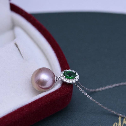 Pendant Necklace with 11-12mm pink freshwater pearl and green gem with diamond halo on silver chain