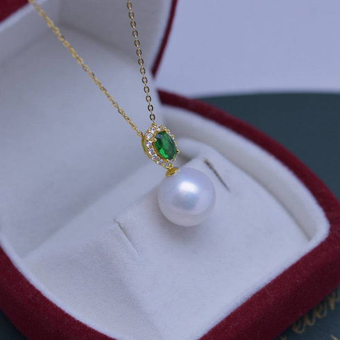 Pearl & Green Gem Pendant Necklace, 11–12mm freshwater pearl, gold chain