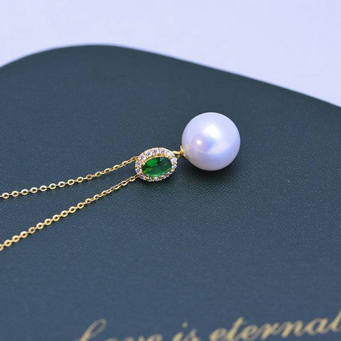 11-12mm Freshwater Pearl & Green Gem Pendant Necklace on gold chain