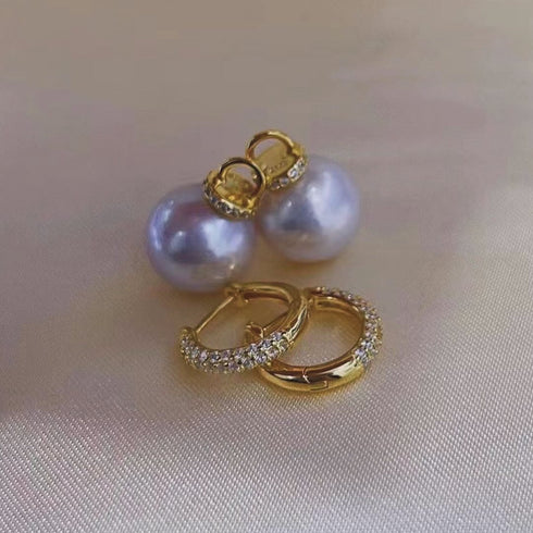 11-12mm Freshwater Pearl & Kate CZ Hoop Earrings: white pearls with gold-tone pavé hoops