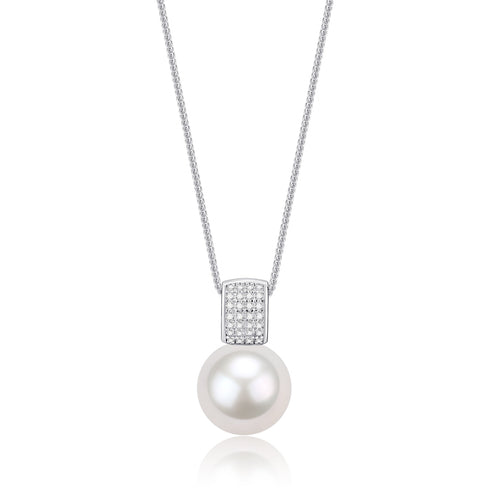 Freshwater pearl pendant necklace on a silver-tone rope chain with a pave diamond rectangle pendant, 11-12mm pearl