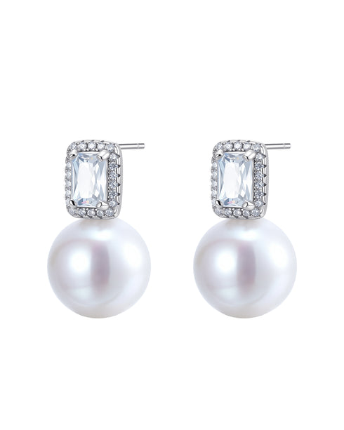 11-12mm Freshwater Pearl Rectangular Zircon Stud Earrings - Earrings made with hand-selected pearls from House of Pearls