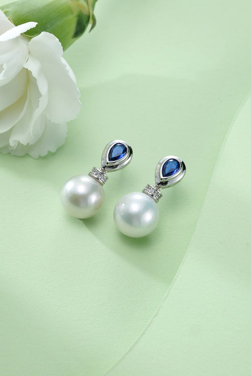 11-12mm Freshwater Pearl Sapphire CZ Earrings - Earrings made with hand-selected pearls from House of Pearls