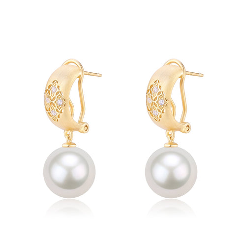 Earrings with 11–12mm freshwater pearl drops in vintage gold filigree (pair)