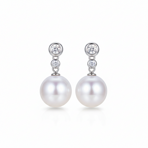 Pair of 11–12mm freshwater pearl zircon drop earrings in silver-tone settings