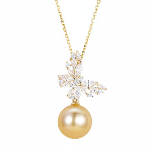 Necklace: 11-12mm South Sea Golden Pearl Cubic Zirconia butterfly pendant on gold chain by House Of Pearls