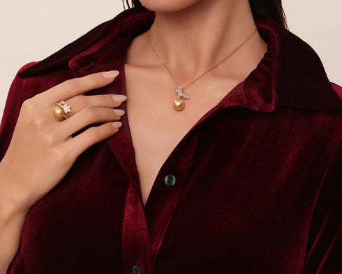 9-10mm South Sea Golden Pearl Shooting Star Cubic Zirconia Ring