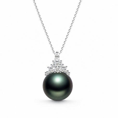 Necklace: 11–12mm Tahitian South Sea Pearl Snow Queen pendant with diamond crown on silver chain by House Of Pearls - XM