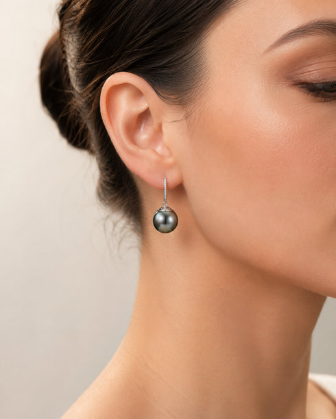 Earrings: 11–12mm Tahitian black pearl drop in 18K white gold with diamond accents, House Of Pearls - XM.