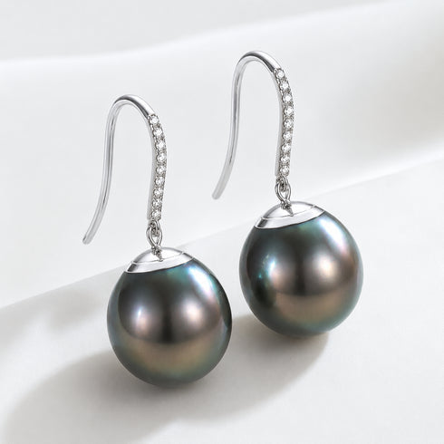 Earrings: Tahitian black pearl drop, 11–12mm, in 18K white gold with diamond-accented hooks (pair).