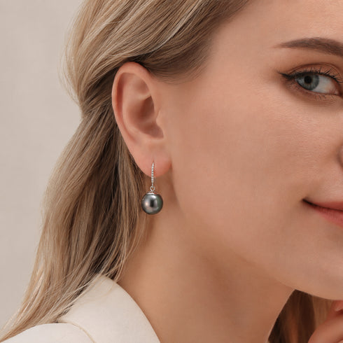 11-12mm Tahitian Black Pearl Drop Earrings in 18K White Gold, House Of Pearls XM