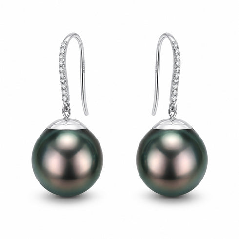 Tahitian black pearl drop earrings in 18K white gold with diamond-accented hooks by House Of Pearls XM (pair)