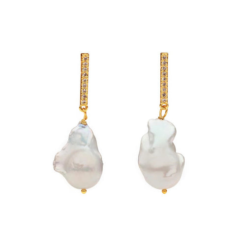Earrings: gold-tone bar with zirconia stones and 11–13mm baroque pearl drops, pair, House Of Pearls-JS