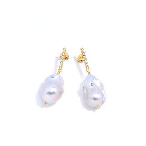 Earrings 11-13mm Baroque Pearl Zirconia Chic, pair with gold-tone bars and white irregular pearls by House Of Pearls-JS