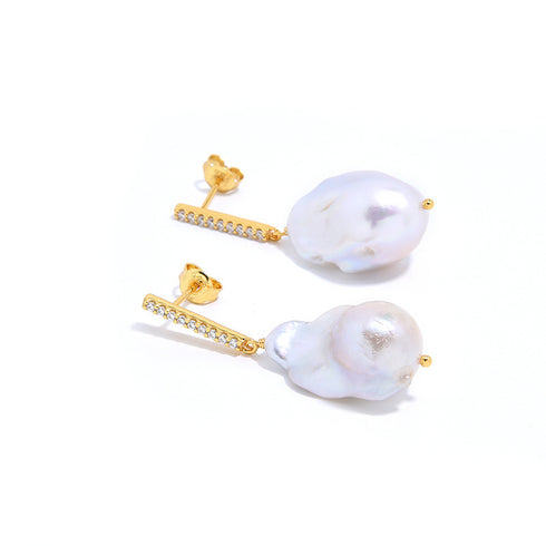 Pair of 11–13mm Baroque Pearl Zirconia Chic Earrings, gold-tone with pavé crystal bar accents, two-piece set