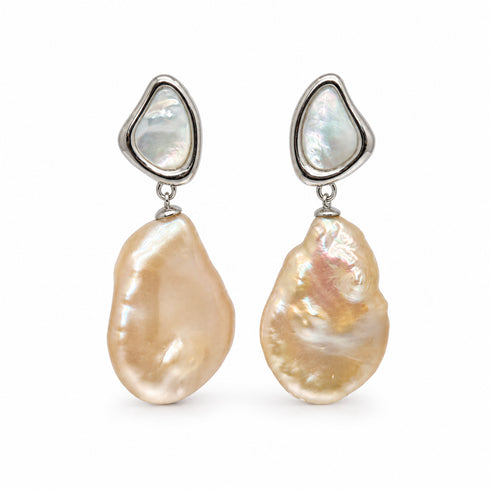 Earrings 11-13mm Freshwater Peach Baroque Pearl Shell Studs, silver bezel (pair)