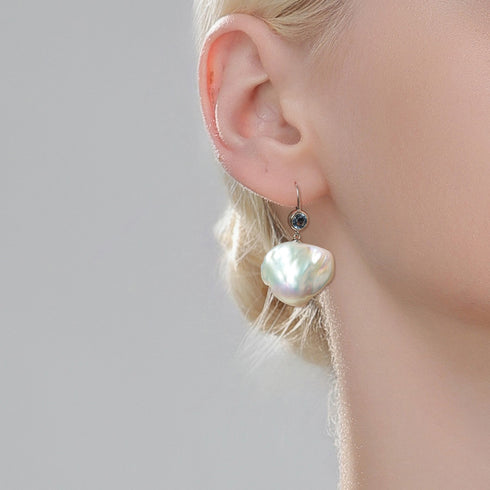 Kyanite Bold Baroque Pearl Hook Earrings, 11–13mm, blue kyanite accent with iridescent pearl, House Of Pearls-TA