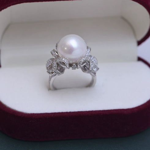 12-13mm Freshwater Pearl Bowknot Zirconia Ring - Rings made with hand-selected pearls from House of Pearls
