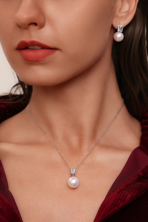 12–13mm Freshwater Pearl Geometric Zircon Pendant Necklace