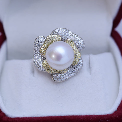 12–13mm Freshwater Pearl & Rose-Inspired CZ Statement Ring - Rings made with hand-selected pearls from House of Pearls
