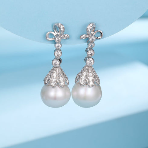 12-13mm Freshwater Pearl & Vintage Bowknot Drop Earrings - Earrings made with hand-selected pearls from House of Pearls