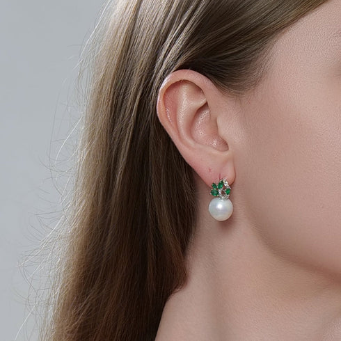 Earrings, 12-13mm green zirconia pearl drop with emerald-green leaf accents