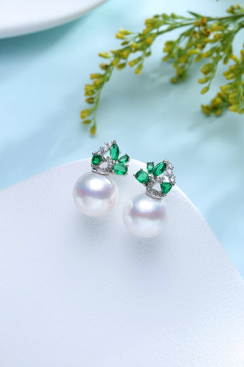 Pair of earrings 12-13mm green zirconia pearl drops with emerald-green stones by House Of Pearls