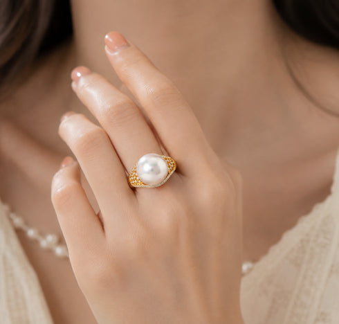 Ring: House of Pearls-JT 12-13mm freshwater pearl on a gold-tone wide band with CZ pavé.